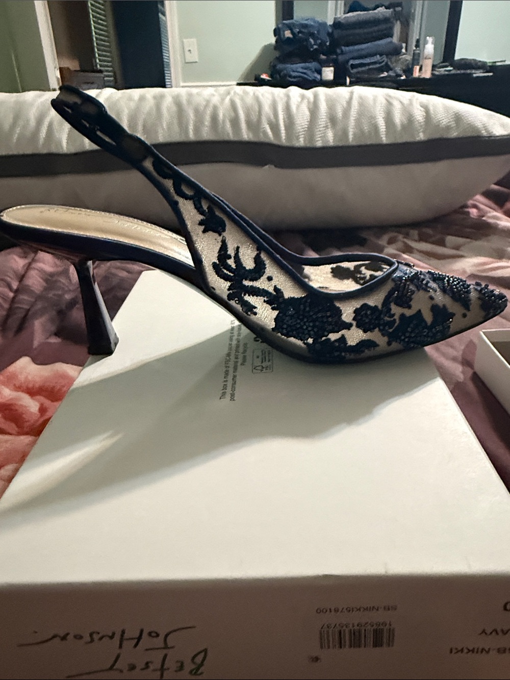 Betsey Johnson Navy and Nude Beaded Slingback Pointed Pumps - Picture 4 of 5